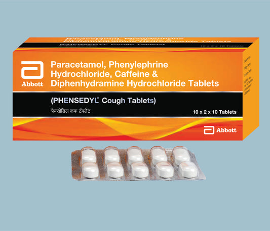 Phensedyl Cough Tablets 10Tabs Paracetamol 500mg, Phenylephrine Hydrochloride 5mg, Caffeine
(Anhydrous) 30mg, Diphenhydramine Hydrochloride 25mg by Abbott