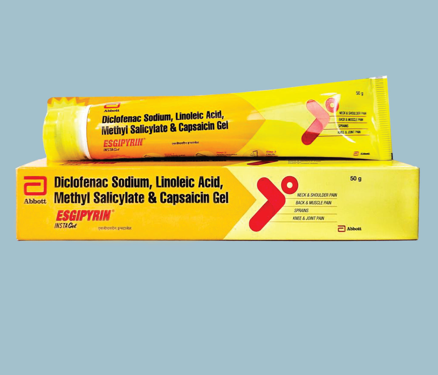 Esgipyrin Insta Gel 50g 50gm Diclofenac Sodium 1.0% w/w, Linoleic Acid 3.0% w/w, Methyl
Salicylate 10.0% w/w, Capsaicin 0.025% w/w by Abbott