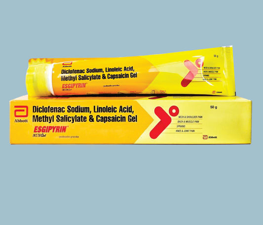 Esgipyrin Insta Gel 50g 50gm Diclofenac Sodium 1.0% w/w, Linoleic Acid 3.0% w/w, Methyl
Salicylate 10.0% w/w, Capsaicin 0.025% w/w by Abbott