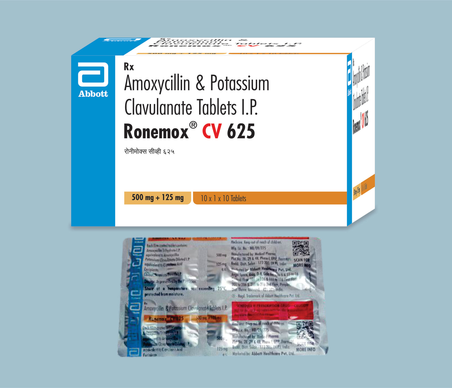 Ronemox CV 625 Tablets 10Tabs Amoxycillin 500mg, Potassium Clavulanate 125mg by Abbott