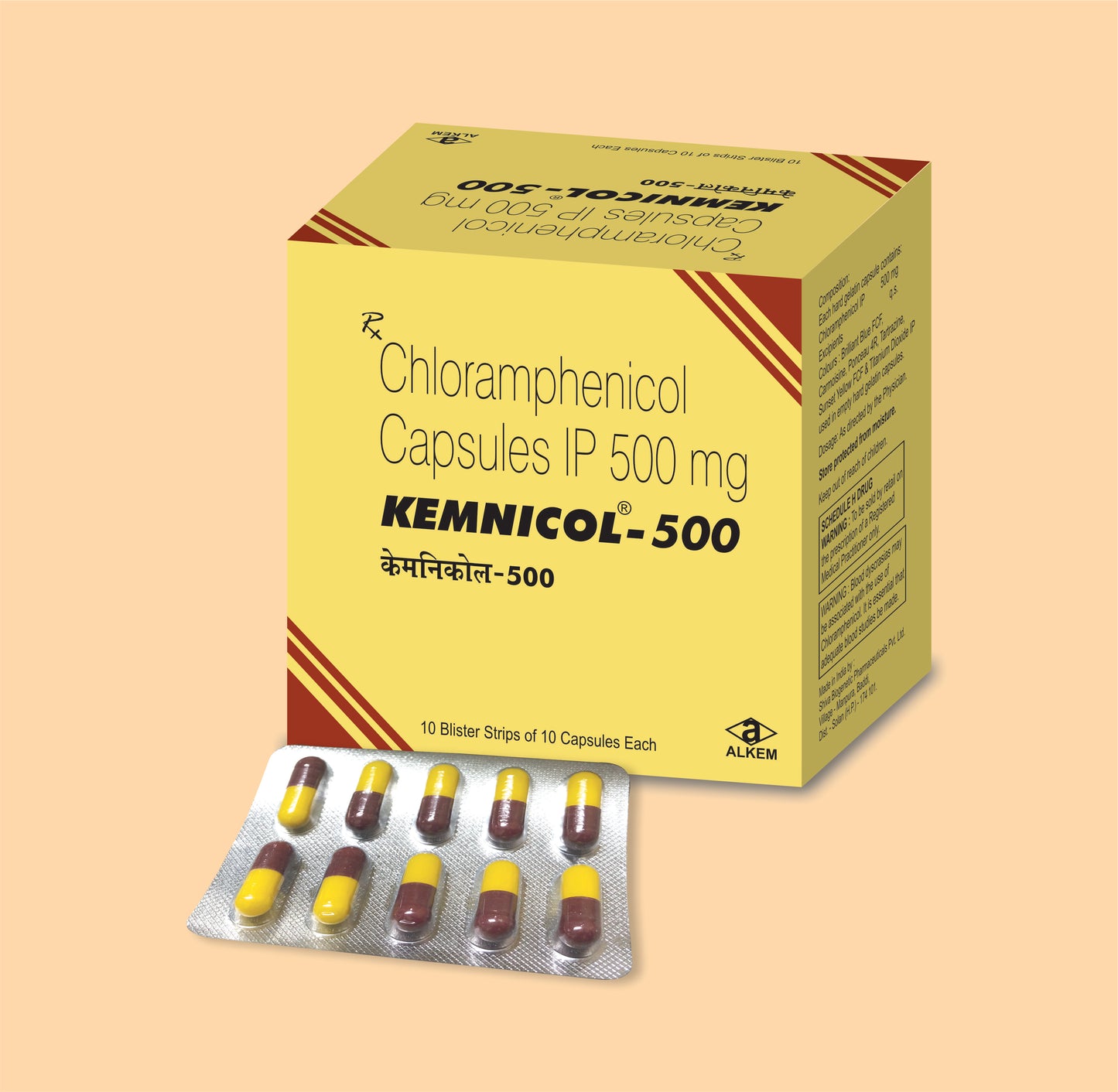 Kemnicol 500 Cap (10'S)(Yellow & Maroon) 10'SChloramphenicol 500 Mg by Alkem