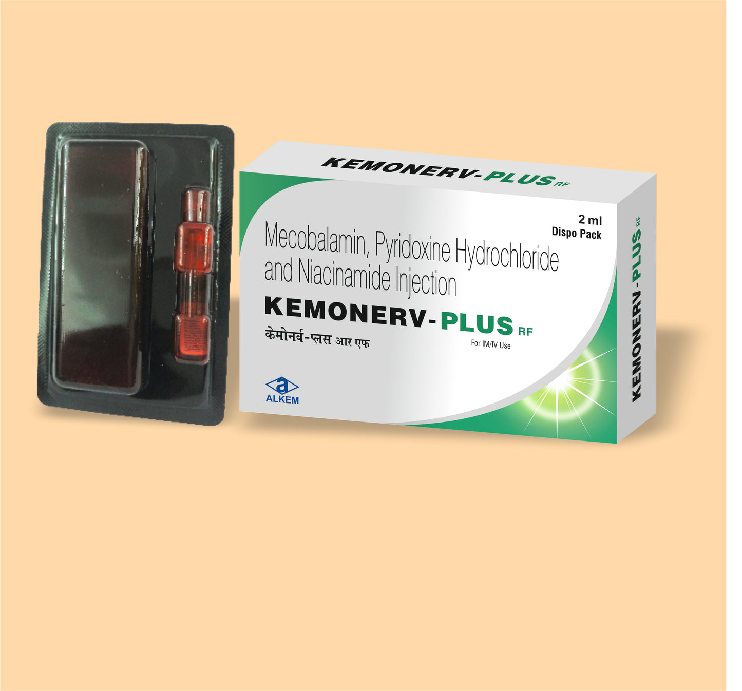 KEMONERV-PLUS RF (2ML) (2 ml (Dispo Pack) Methylcobalamin 1000 mcg + Pyridoxine Hydrochloride 100 mg + Nicotinamide 100 mg by Alkem