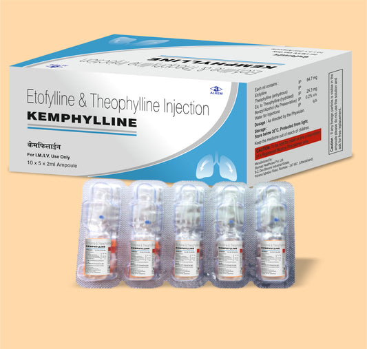 Kemphylline Injection (2Ml) 2 mlEtophylline Ip 84.7 Mg + Theophylline (Anhydrous) Eq. To Theophylline (Hydrated) Ip 25.3 Mg + Benzyl Alcohol ( As Preservative ) Ip 0.2% V/V + Wfi Ip Q.S. by Alkem