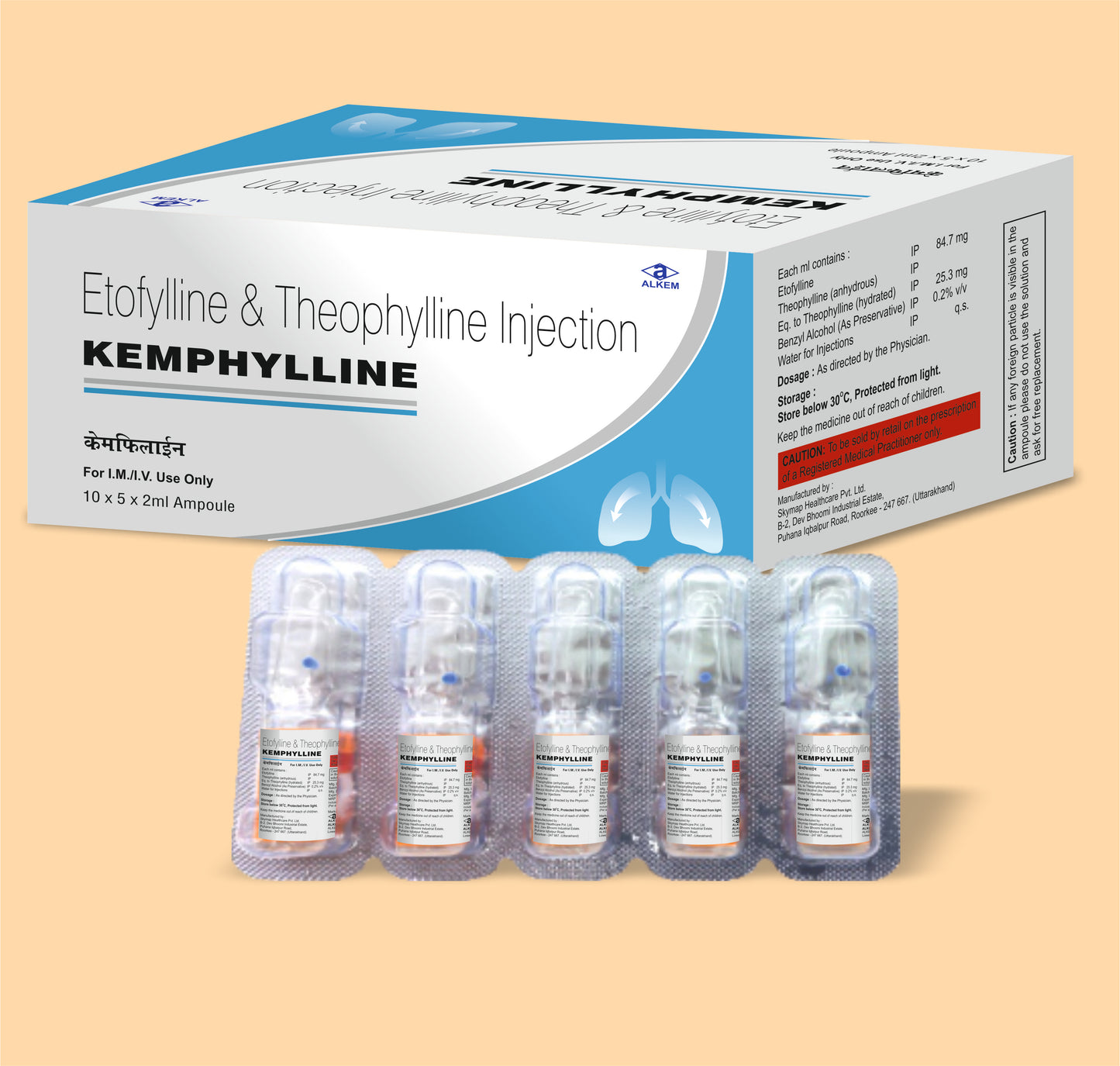 KEMPHYLLINE INJECTION (2ML) (2ml Etophylline 84.7 mg + Theophylline 25.3 mg by Alkem
