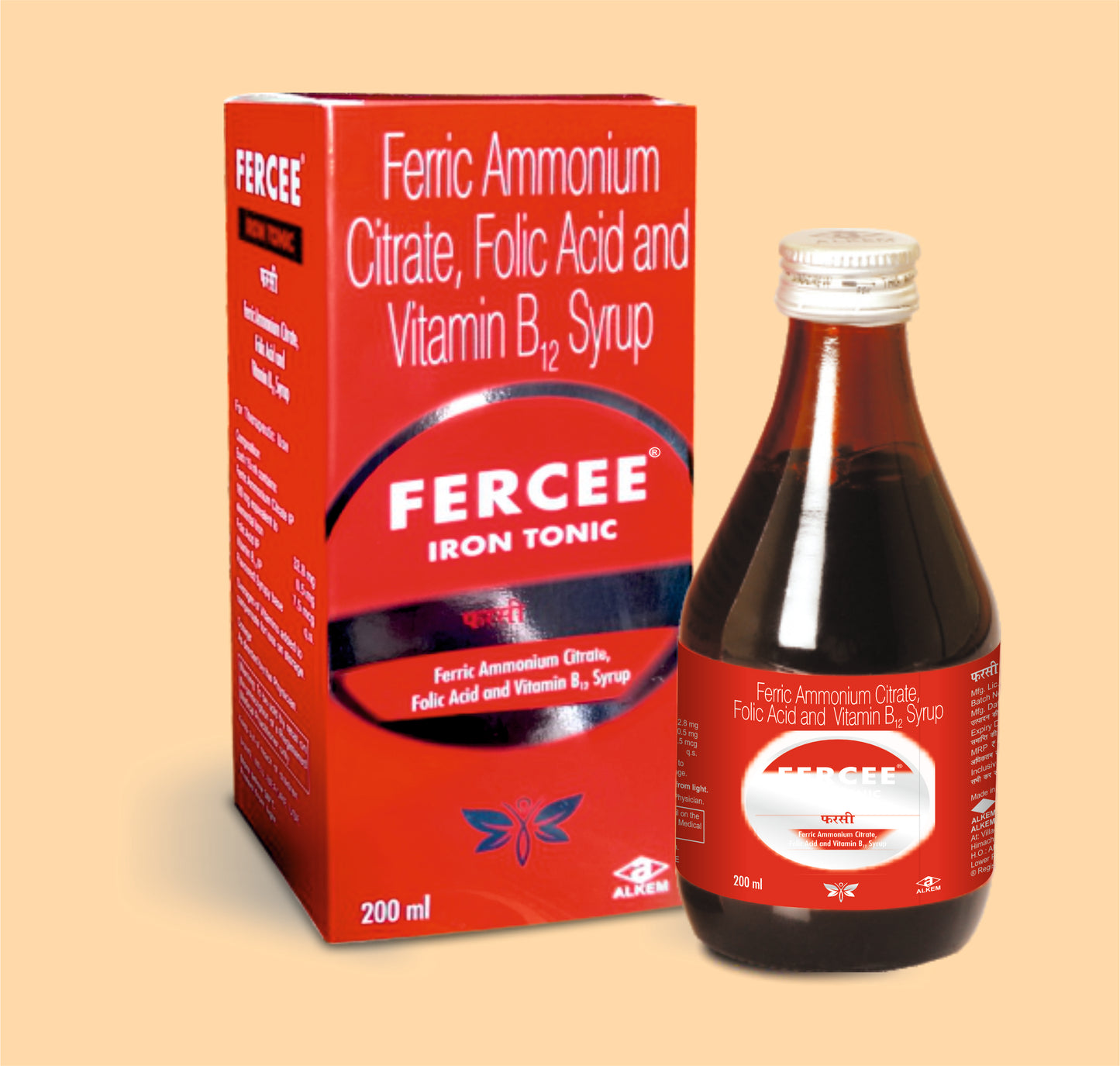 Fercee Syrup (200Ml) 200mlFerric Ammonium Citrate 160 Mg Eq. To Elemental Iron 32.8 Mg + Folic Acid 0.5 Mg + Vitamin B12 7.5 Mcg / 15 Ml by Alkem