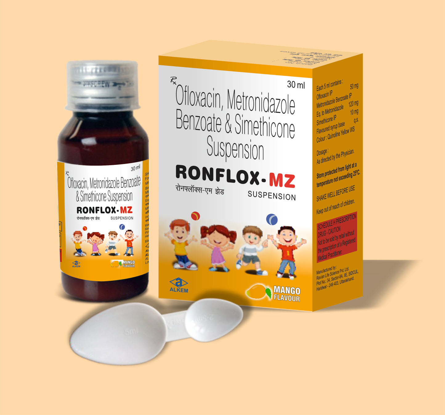RONFLOX-MZ SUSPENSION (30ML) (Ofloxacin 50 mg + Metronidazole 120 mg + Simethicone 10 mg) by Alkem