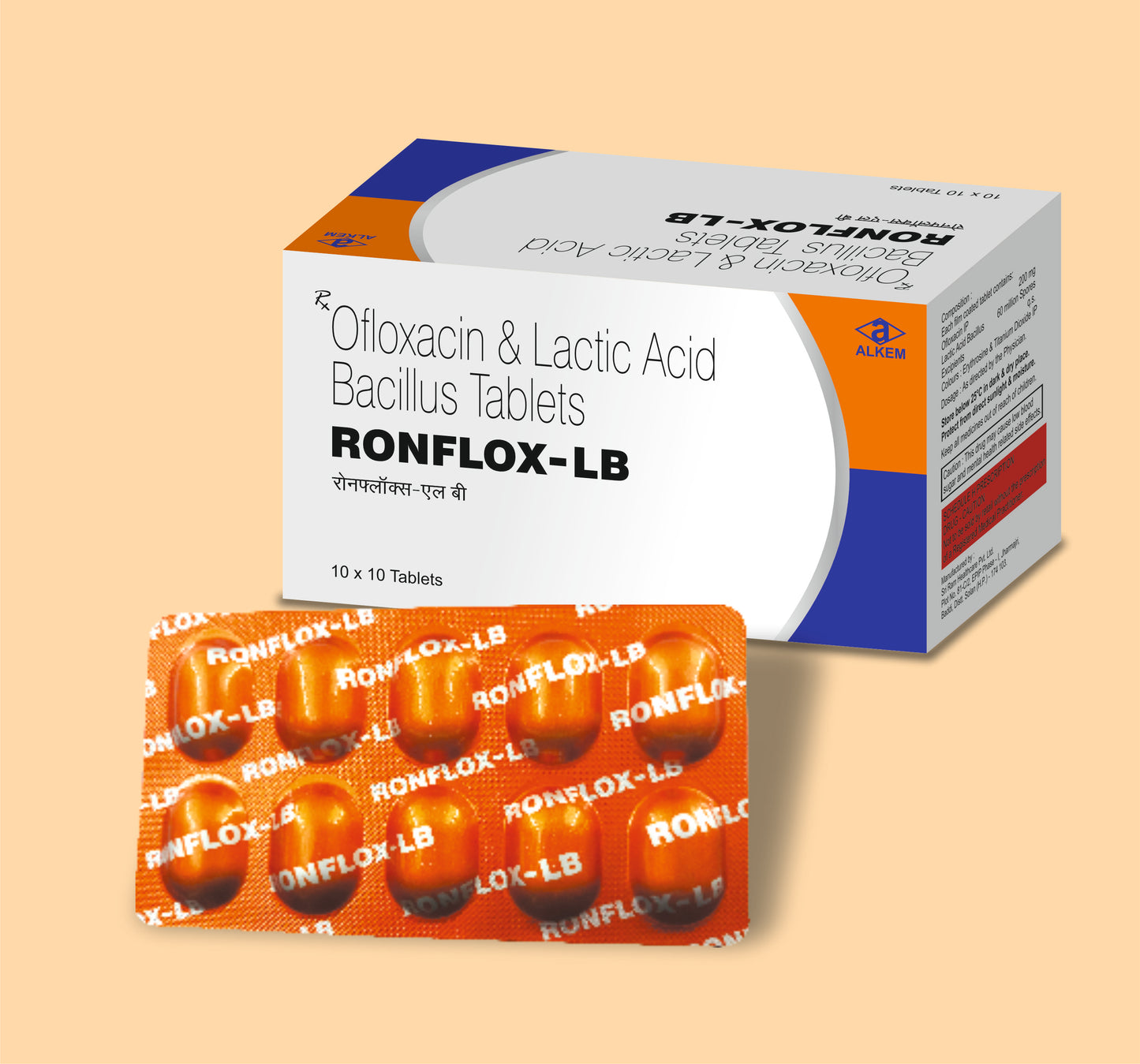 RONFLOX-LB TABLETS (10'S) (10s Ofloxacin 200 mg + Lactic Acid Bacillus 60 million spores by Alkem