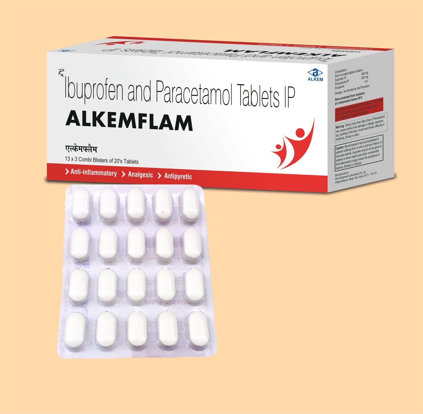 ALKEMFLAM TABLETS (20'S) (Ibuprofen 400 mg + Paracetamol 325 mg) by Alkem