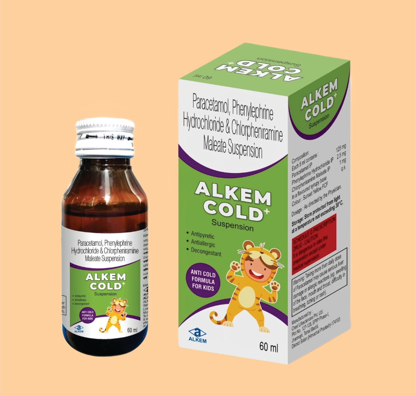 NEW ALKEM COLD + SUSPENSION (60 ml Paracetamol 125 mg + Phenylephrine Hydrochloride 2.5 mg + Chlorpheniramine Maleate 1 mg by Alkem