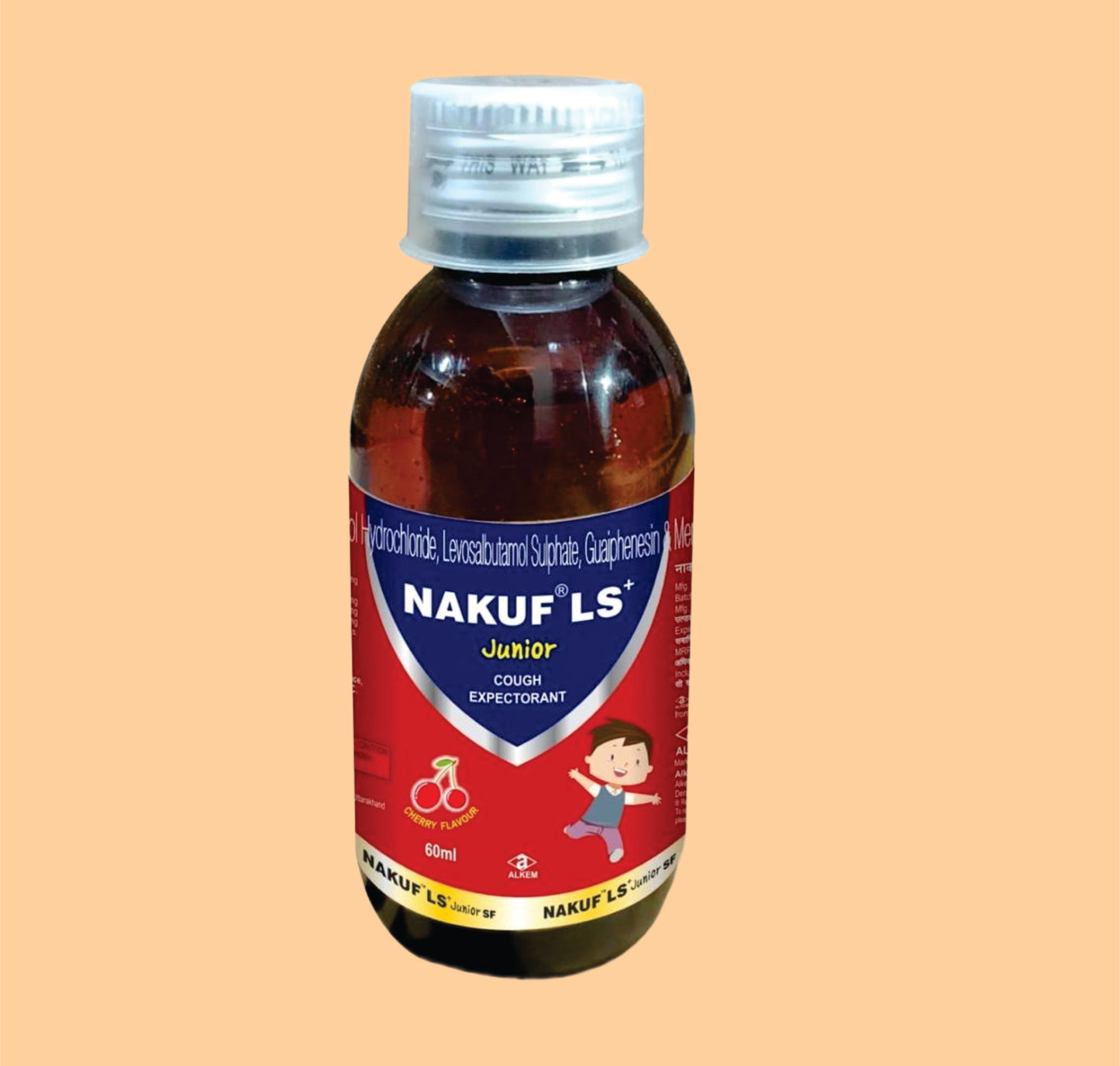 NAKUF LS JUNIOR SYRUO (60 ml Ambroxol Hydrochloride 15 mg + Levosalbutamol 0.5 mg + Guaiphenesin 50 mg + Menthol 0.5 mg by Alkem