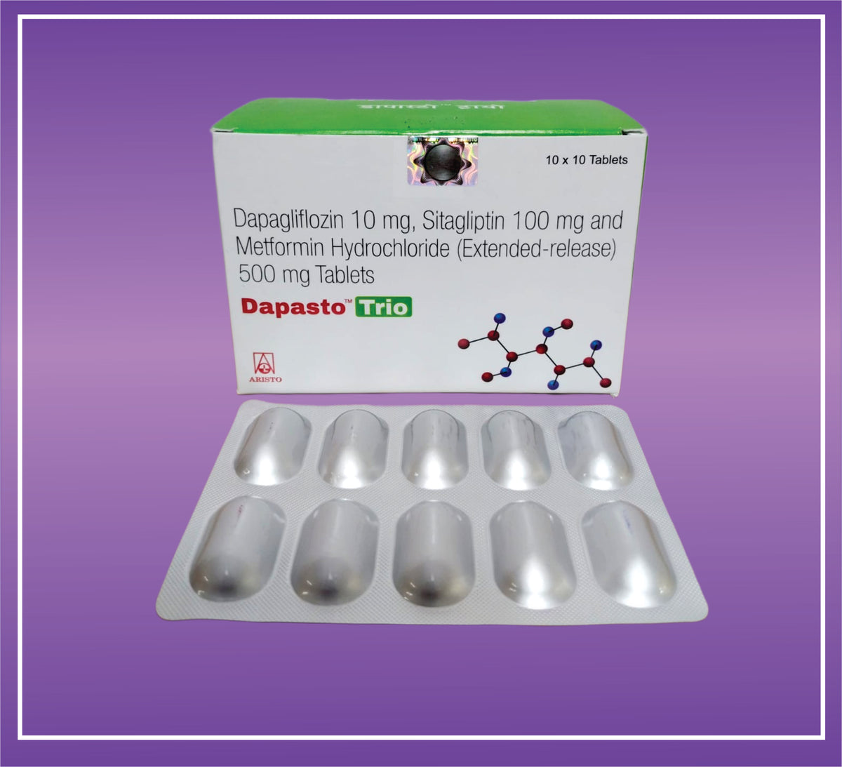 Dapasto Trio 500 Tab (10x10) Dapagliflozin 10 mg, Metformin 500 mg, Sitagliptin 100 mg Tab by Aristo