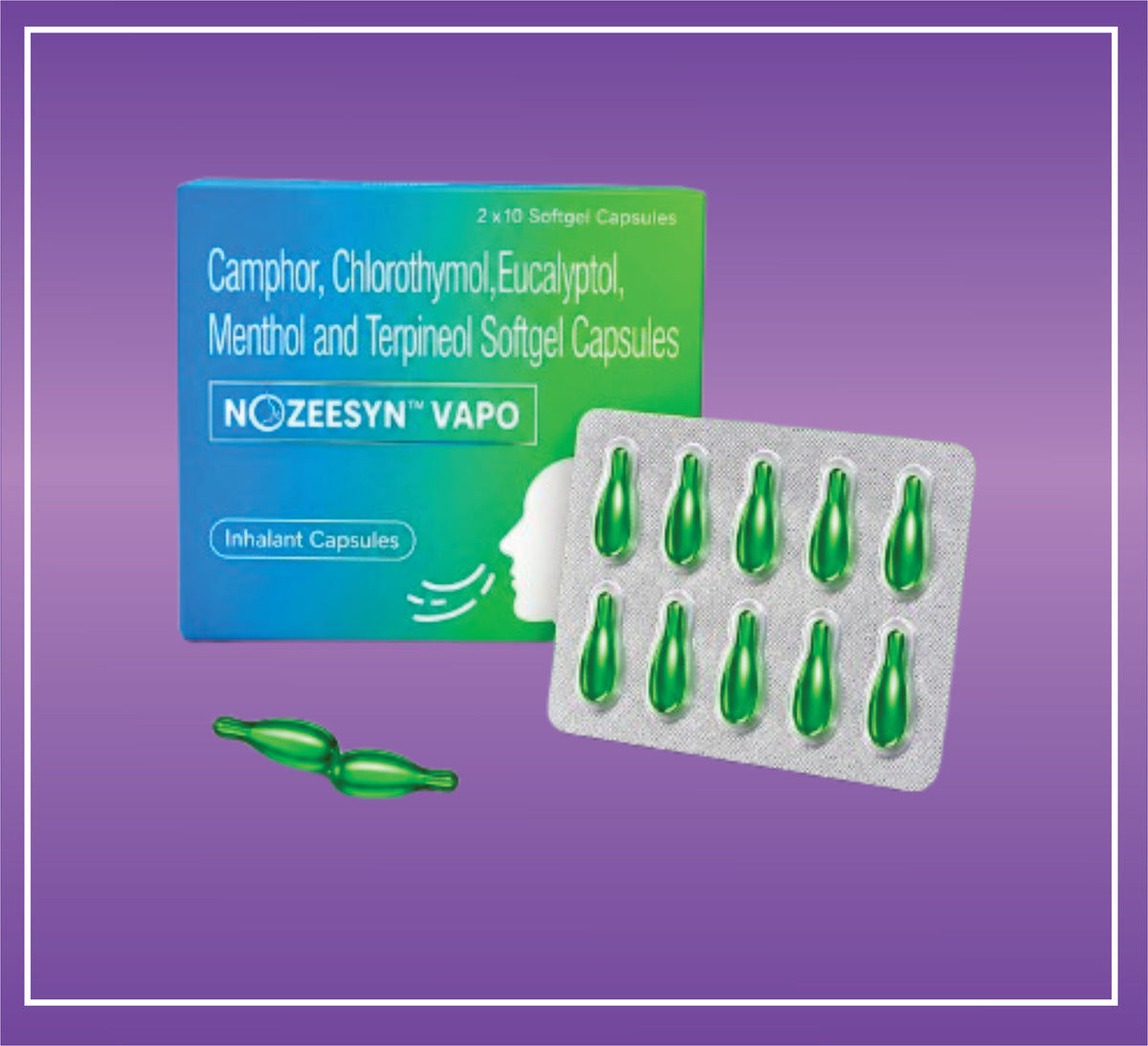 Nozeesyn Vapo Inhalant Capsules (10x2x10) Camphor 25 mg, Chlorothymol 5 mg, Eucalyptol 125 mg, Menthol 55 mg, Terpineol 120 mg Cap by Aristo