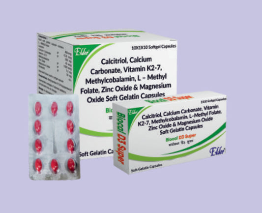 BIOCAL D3 SUPER  SOFT GELS 10'S ( CALCITRIOL IP 0.25MCG, CALCIUM CARBOPNATE IP 500MG, ZINK IP 7.5MG, MAGNESIUM IP 50MG, VITAMIN K27 45MCG, METHYLCOBALAMIN IP 1500MCG, L-METHYLFOLATE IP 800MCG ) by Elder