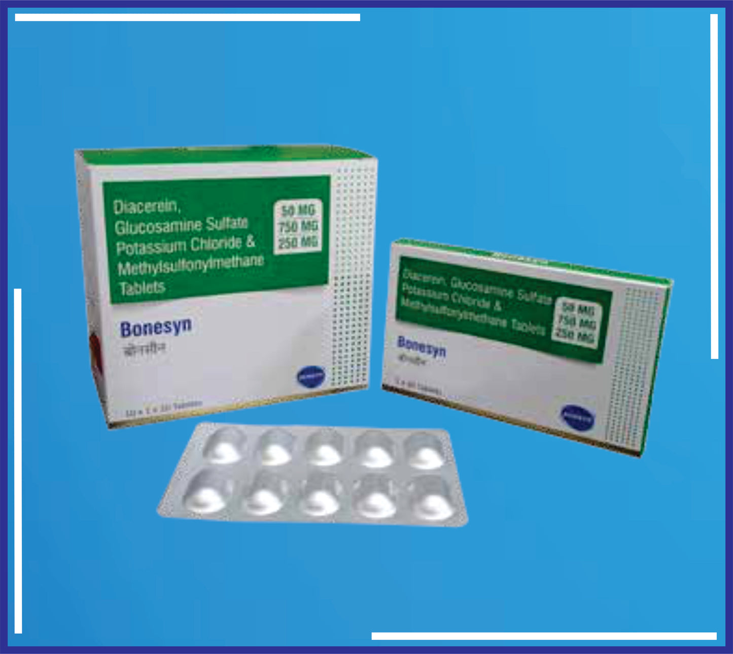 Bonesyn Tab ( Diacerein Ip 50Mg + Glocosamine Sulphate Potassium Chloride Usp 750 Mg + Methylsulfonylmethane Usp 250Mg ) pack 10x1x10 by Kemsyn