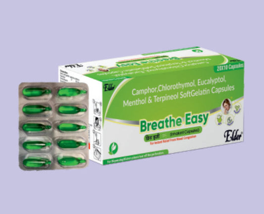 BREATHE EASY SOFTGELS 10'S ( Camphor 25mg, Eucalyptol 125mg, Chlorothymol 5mg, Menthol 55mg & Terpineol 120mg Soft gelatin capsule ) by Elder