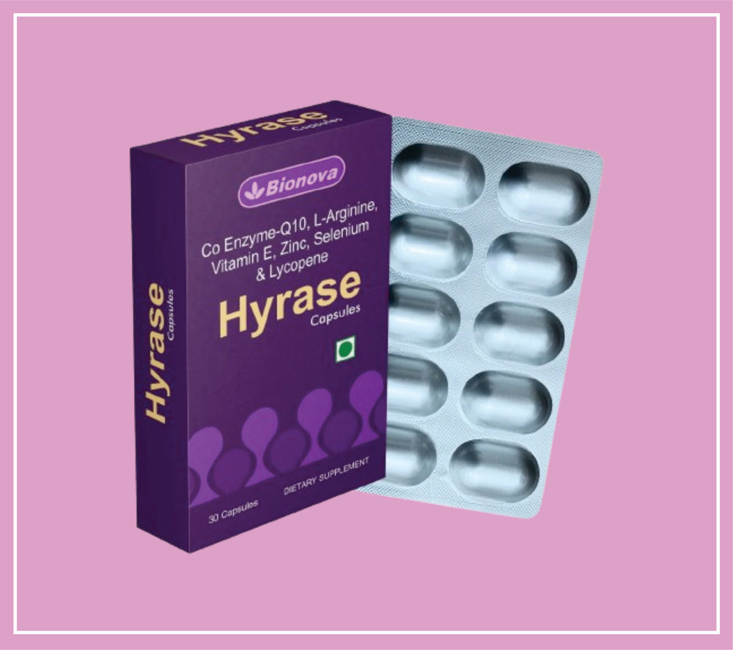 HYRASE CAPS 3X10's (Co Q10-100mg, L-Arginine-200mg, Zinc- 10mg, Selenium-100mcg, Lycopene-5mg, Vitamin E-25mg) by Bionova
