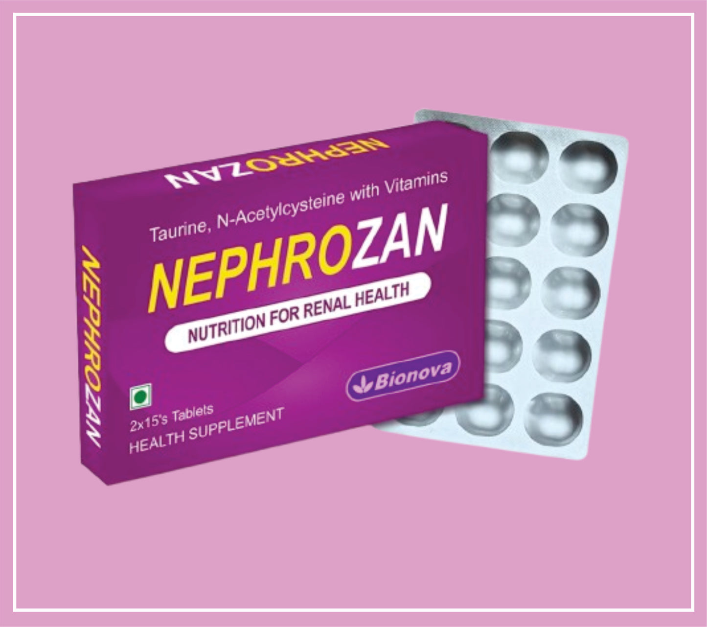 NEPHROZAN TABS 2X15’s (Taurine-500mg, N-Acetyl Cysteine 150mg, Niacinamide - 14mg, Pyridoxine hl - 1.9mg, Riboflavin - 2mg, Folic acid - 220mcg, Cynocobalamine 2.5 mcg) by Bionova