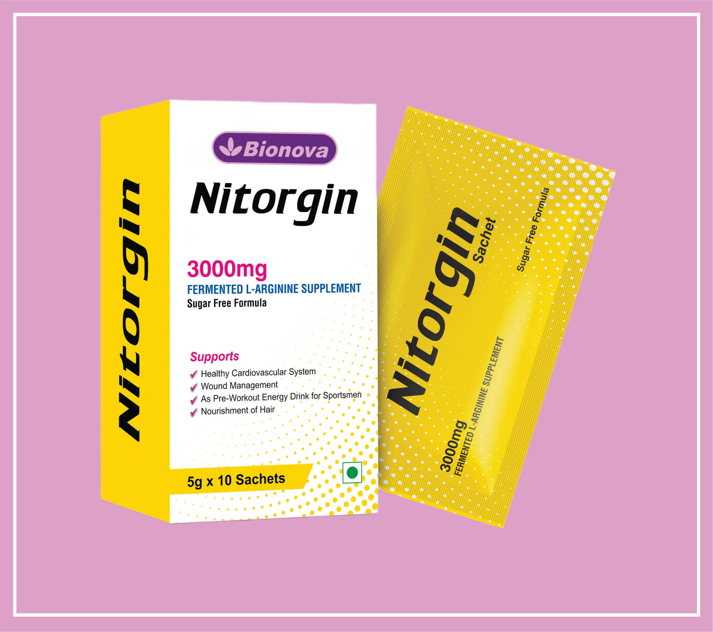 NITORGIN GRANUELS SACHET (SUGAR FREE) 10 Sach x 5g (L-Arginine-3g & Vitamin B6-3mg) by Bionova