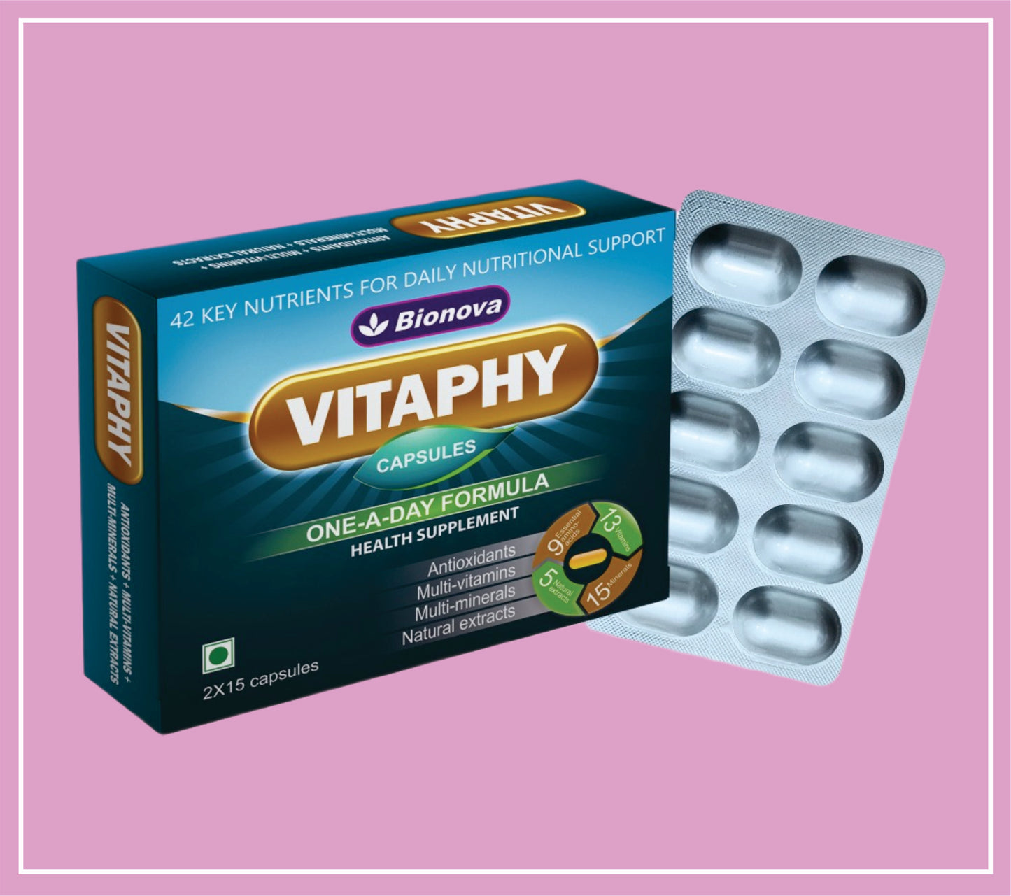VITAPHY CAPS 2X15's (13 Vitamins, 15 Minerals, 5 Natural Extracts, 9 Essential Amino Acid, Ginseng Extract- 21.50mg, Grape Extract-10mg, Green Tea Extract-10mg, Ginger Extract-10mg, Lycopene (10%)-2mg. (capsules of 42 vital nutrients)) by Bionova