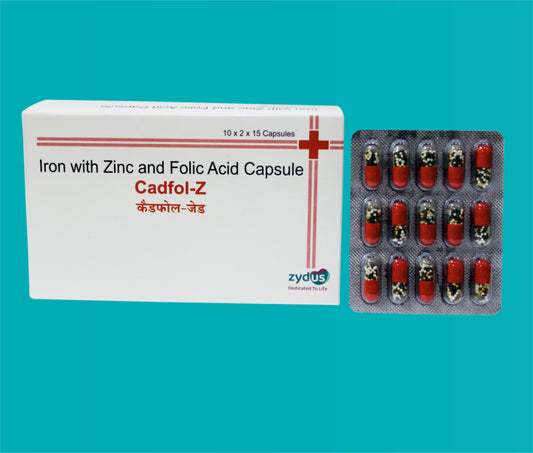 CADFOL Z CAP 20x15 ( Elemental Iron 50 mg (In the form of Carbonyl Iron)ZincSulphate monohydrate -61.8 mg Folic Acid 0.5 mg ) by Zydus