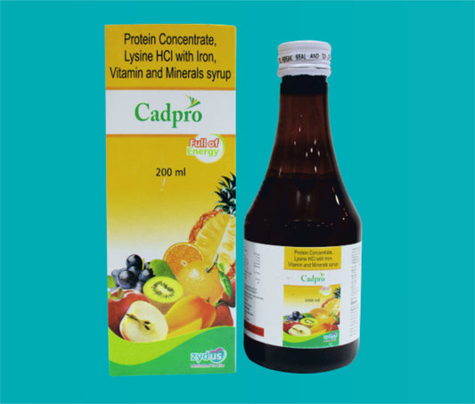 CADPRO SYP. 200ml. ( Protein hydrolysis (20 %) --0.333 gm, Carbohydrate -3 gm, Niacinamide 10 mg, Iron choline Citrate 15 mg, Magnesium chloride 3.333mg, Magnese chloride -0.033 mg , Elemental zinc 0.600 & Lysine Hcl -20 mg ) by Zydus