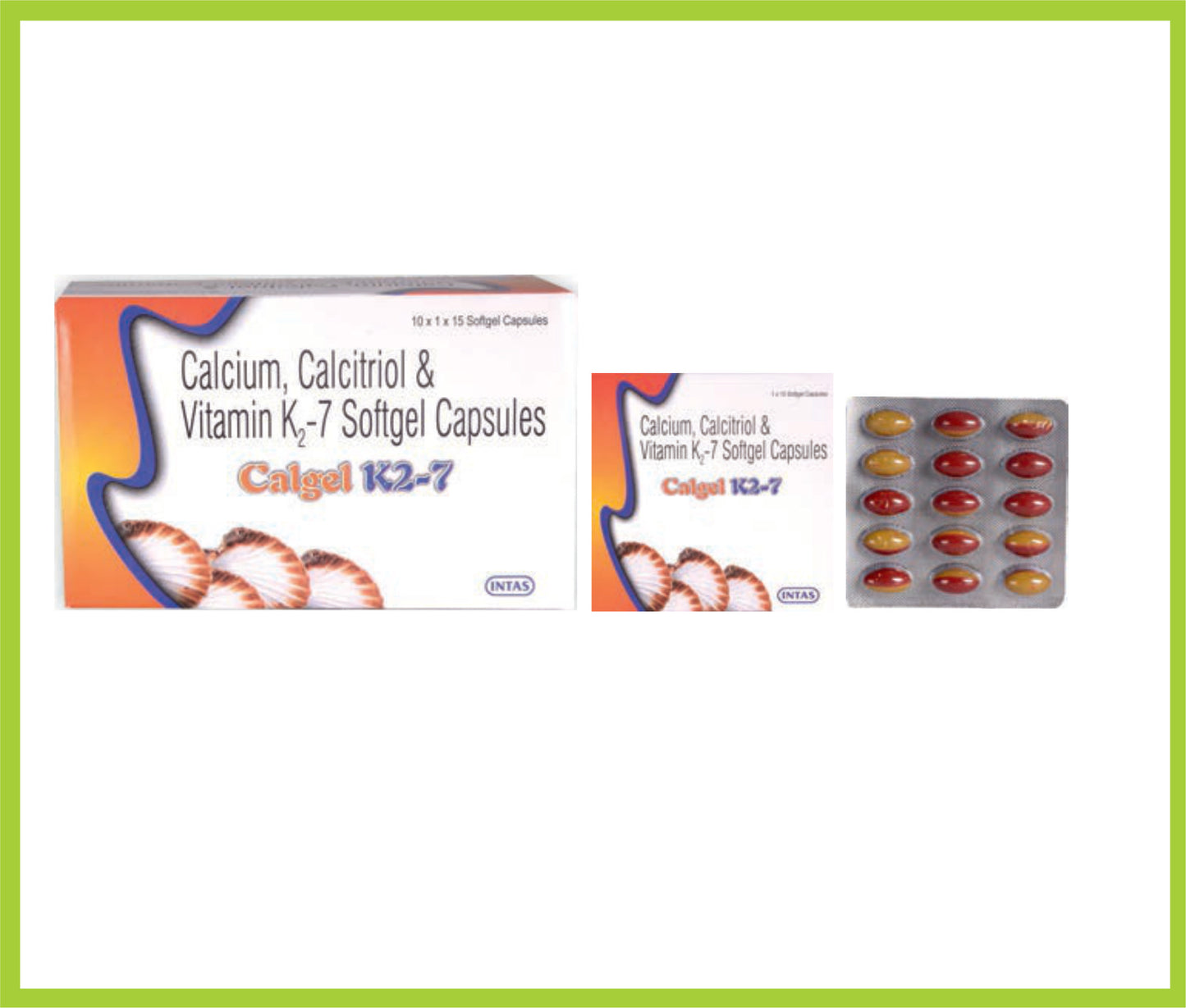CALGEL K2-7 15CAP ( Each soft gelatin capsule contains – Calcium Carbonate 1250mg (Eq. to elemental calcium 500mg) + Calcitriol 0.25mcg + Vitamin K2-7 45mcg ) by Intas