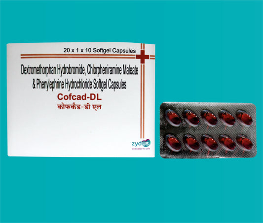 COFCAD-DL SOFT
 GEL CAPSULE 20x1x10 ( Each soft gelatin capsule contains:
Chlorpheniramine Maleate  IP  2 mg
Dextromethorphan Hydrochloride  IP  10 mg
Phenylphrine Hydrochloride  IP 5 mg
Excipients   q.s ) by Zydus