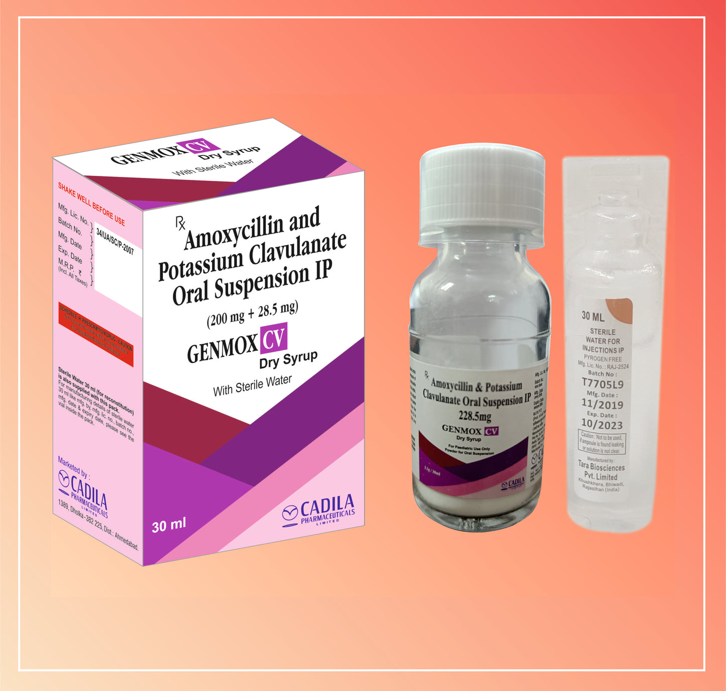 GENMOX CV DRY SYRUP WITH WFI (30 ml) Amoxycillin 200 mg + Clavulanic Acid 28.5 mg