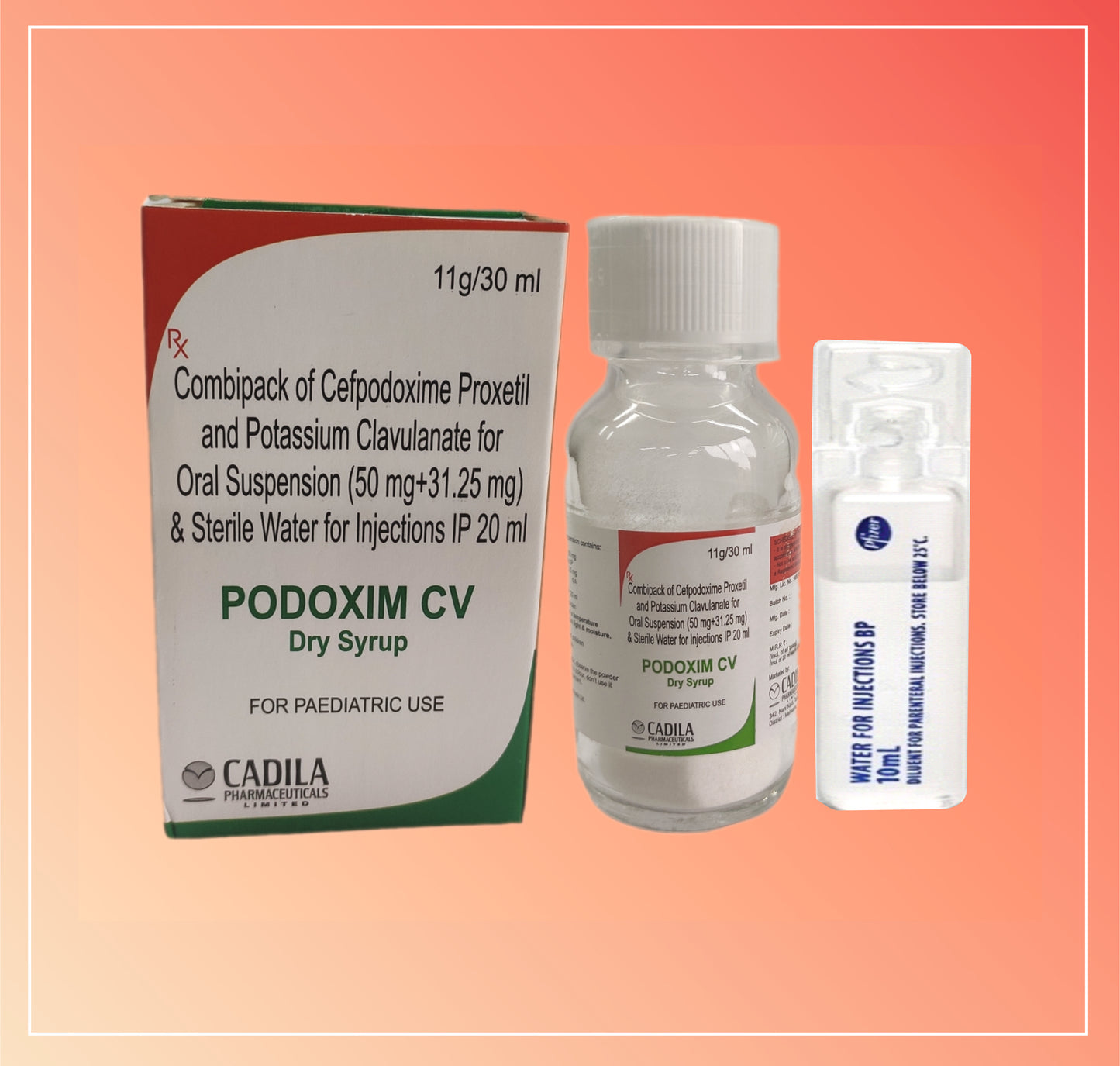 PODOXIM CV DRY SUSPENSION WITH WFI (30 ML) Cefpodoxime 50 mg + Pottassium Clavulante 31.25 mg/5ml dry syp