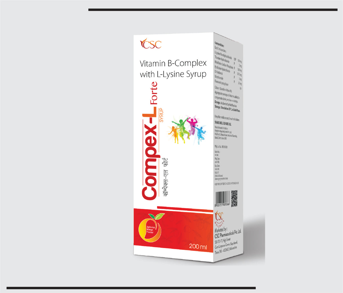 Compex L Forte (200ml) L-Lysine 150 mg, Thiamine 2 mg, Riboflavin Sodium Phosphate 1.80 mg, Pyridoxine 0.75 mg, D-Panthenol 3 mg, Nicotinamide 25 mg by Csc