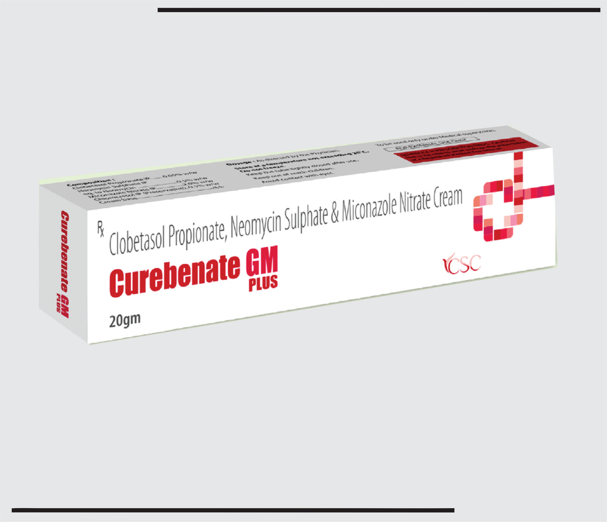 Curebenate Gm Plus Cream (20g) Clobetasol Propionate 0.05% w/w, Miconazole Nitrate 2.0% w/w, Neomycin Sulphate 0.1 w/w Cream by Csc