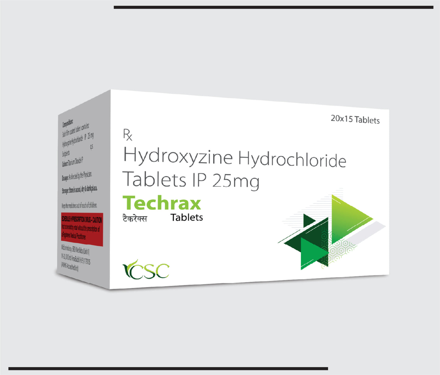 Techrax (20x15)Hydroxyzine Hydrochloride Tablets I.P. 25 mg by CSC