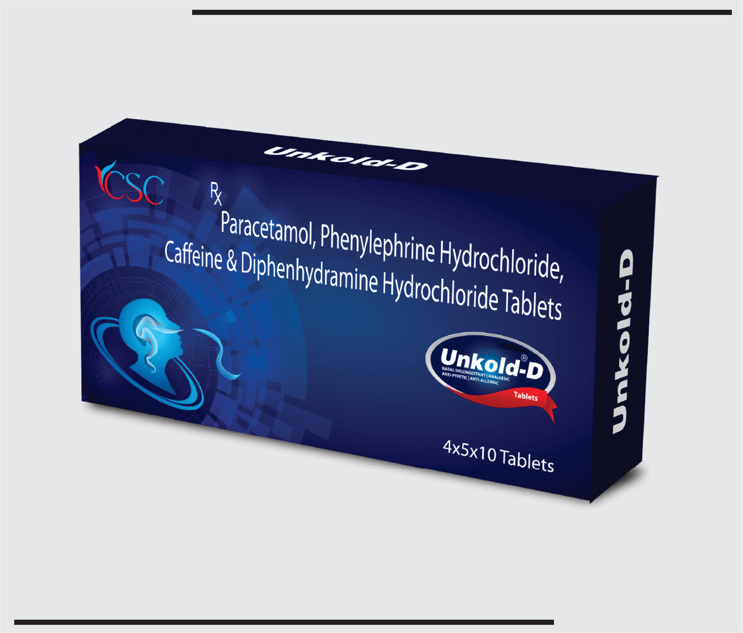 Unkold D (4x5x10) Paracetamol 500 mg, Phenylephrine 5 mg, Diphenhydramine 25 mg, Caffeine 30 mg by Csc
