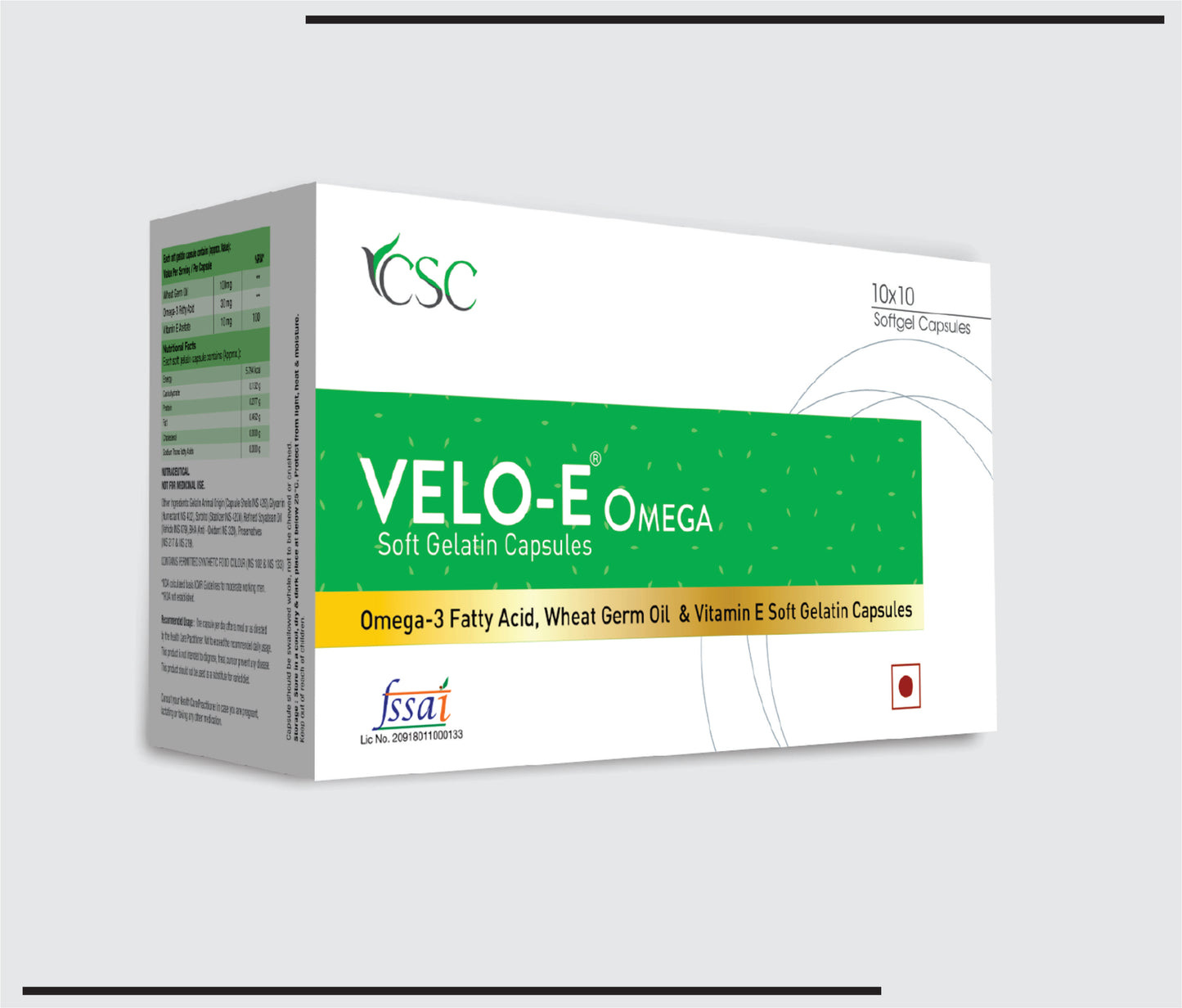 Velo E Omega (10x1x10)Vitamin E + Wheat Germ oil & Omega 3 Fatty Acid Softgel Capsules by CSC