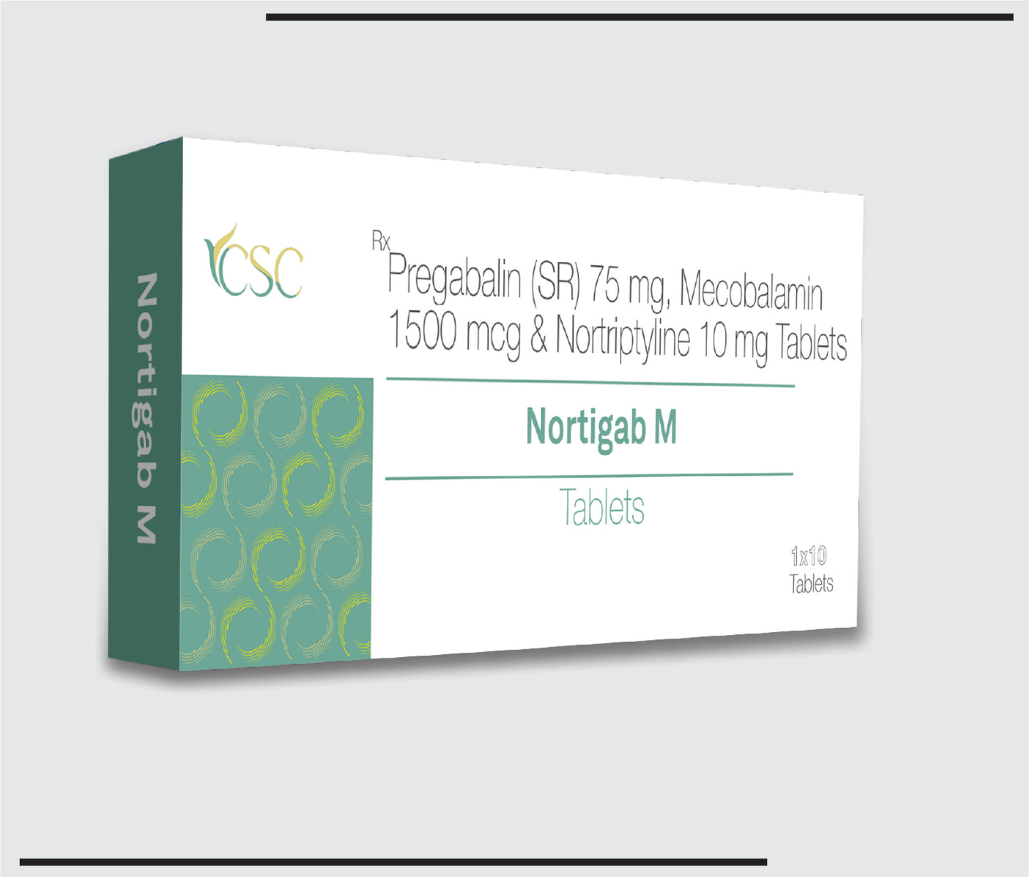 Nortigab M (10x1x10) Pregabalin 75mg + Methylcobalamin 1500mcg + Nortriptyline Hydrochloride 10mg by CSC