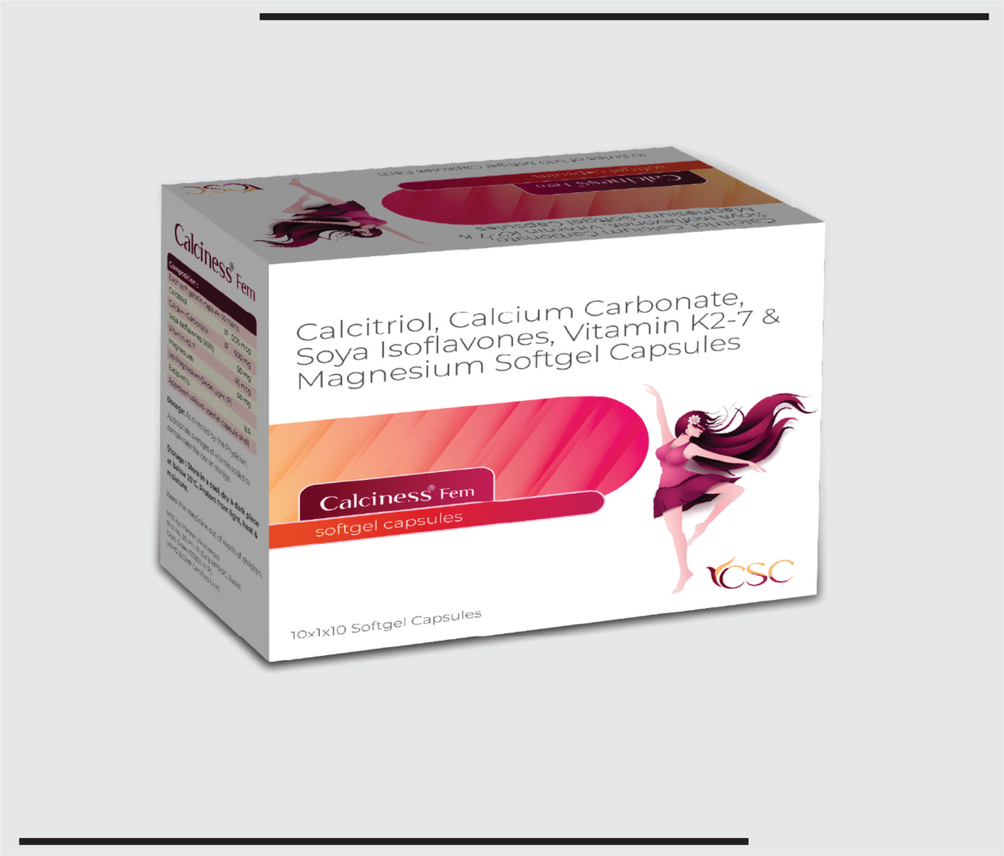 Calciness Fem (10x1x10) Calcitriol 0.25 mcg + Calcium Carbonate 500 mg + Soya Isoflavones 50 mg + Vitamin K27 45 mcg + Magnesium 50 mg by CSC