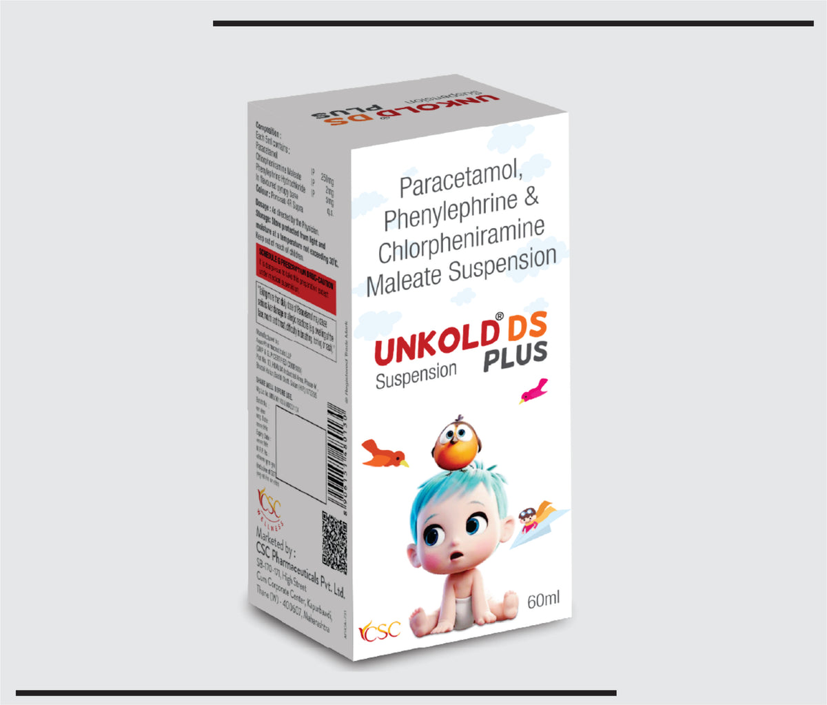 Unkold DS Plus (60ml) Paracetamol 250 mg, Chlorpheniramine 2 mg, Phenylephrine 5 mg Susp by Csc