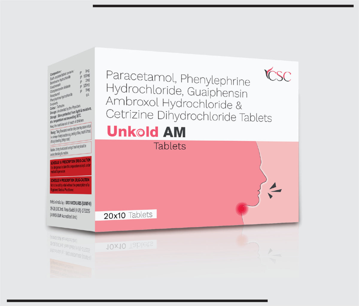 Unkold AM (20x10) Paracetamol 325 mg, Phenylephrine 5 mg, Guaifenesin 50 mg, Ambroxol 15 mg, Cetirizine 5 mg by Csc