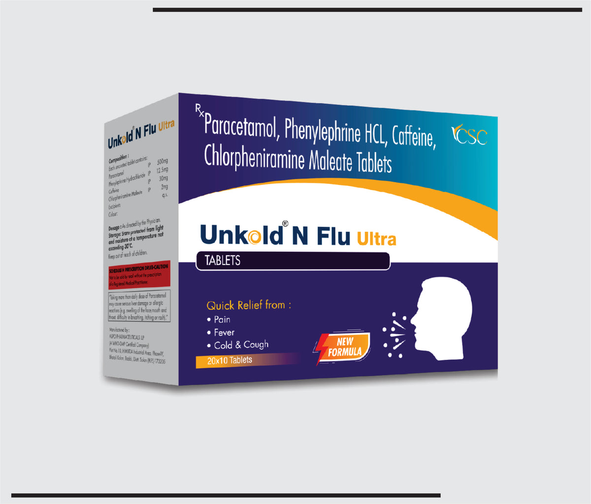 Unkold N Flu Ultra (20x10) Paracetamol 500 mg, Phenylephrine 12.5 mg, Caffeine 30 mg, Chlorpheniramine 2 mg by Csc