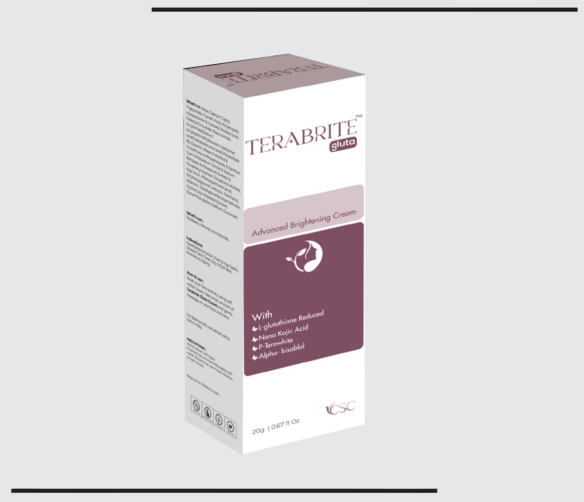 Terabrite Gluta (20 gm ) L-Glutathione 500 mg, Alpha-Lipoic Acid 50 mg, Grape Seed Extract 50 mg, Vitamin C 40 mg, Vitamin E 10 mg by Csc