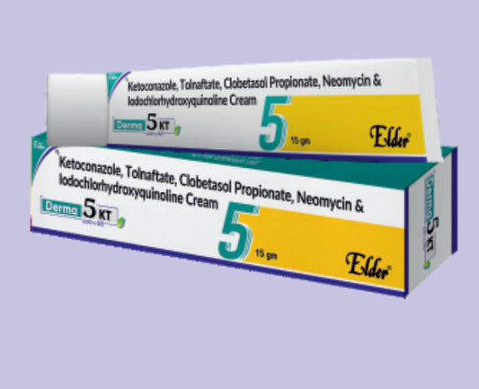 DERMA 5 KT OINT 15GM ( Ketoconazole 2 %,Tolnaftate 1%,Clobetasol 0.05%,Neomycin0.1%,Iodochorhyroxyquioline 1% ) by Elder
