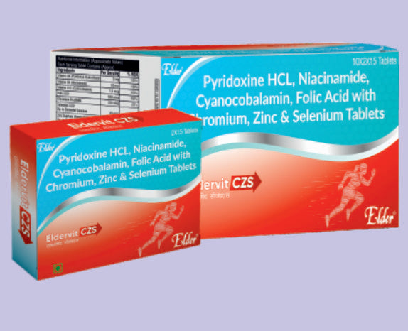 ELDERVIT CZS TABS 15'S ( Pyridoxine 2mg,Nicotinamide 10mg,Cyanocobalamin 15mg,Folic Acid 1500mg,Chromium 250mcg ) by Elder