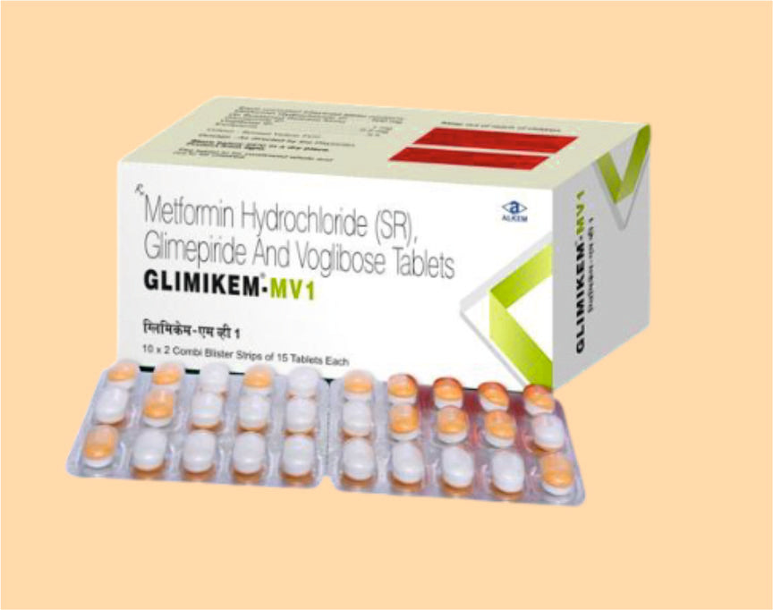 Glimikem Mv1 Tablets (15'S) pack 15'S ( Each Uncoated Bilayered Tablet Caontains: Glimepiride 1 Mg + Metformin 500Mg Sr + Voglibose 0.2 Mg ) by Alkem1