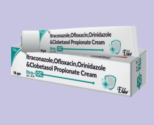 ITRA OC OINTMENT** 15GM ( Itraconazole 1%,Ofloxacin 0.75%,Orinidazole 2%,Clobetasol 0.05%,Methylaparaben 0.16%, Propyl Paraben 0.033% ) by Elder