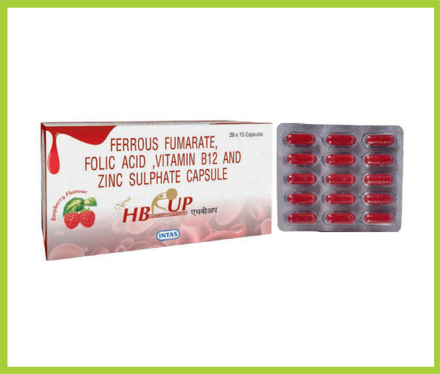 Hb-Up 15 Cap (New) Ferrous Fumarate 200 mg + Folic Acid 0.30 mg + Cyanocobalamin 1 mcg + Zinc 61.8 mg by Intas