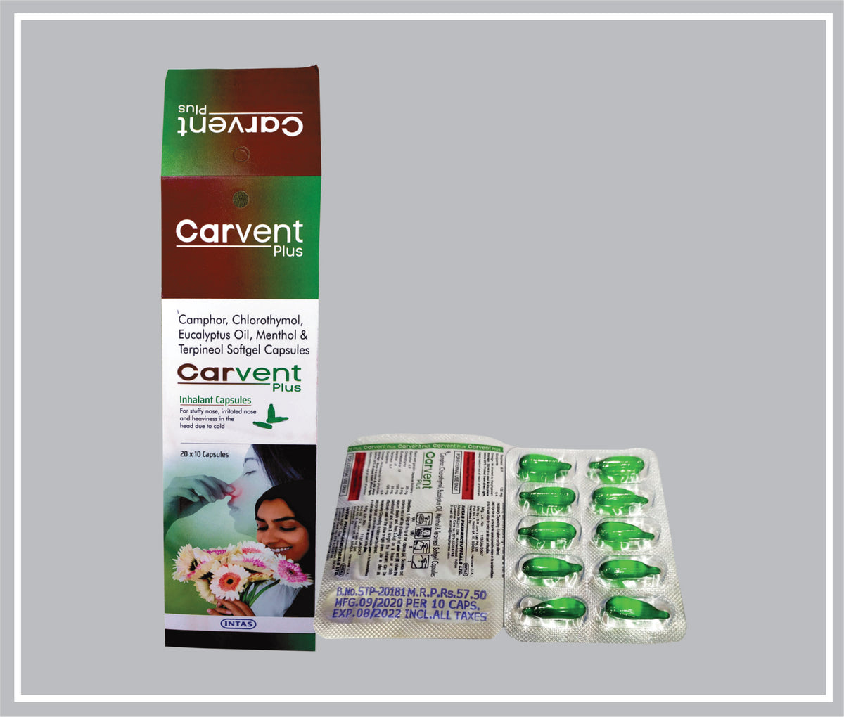 Carvent Plus 10 Cap (Camphor 25 Mg, Chlorothymol 5 Mg, Eucalyptus Oil 125 Mg, Menthol 55 Mg, Terpineol 125 Mg Cap) By Intas