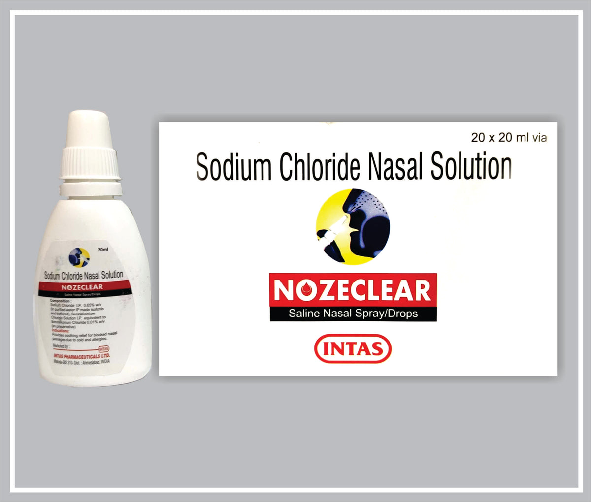 Nozeclear 20 Ml (Sodium Chloride 0.65% W/V, Benzalkonium Chloride 0.001% W/V, Phenylmercuric Acetate 0.002% W/V Nasal Drops) By Intas