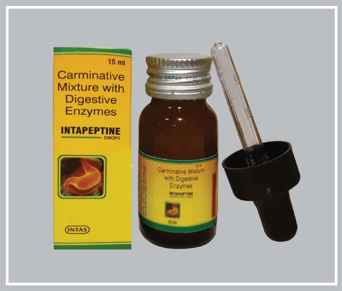 Intapeptine Drop 15 Ml (Alpha Amylase 20Mg + Papain 10Mg + Dill Oil 2Mg + Arise Oil 2Mg + Caraway Oil 2Mg /5Ml) By Intas