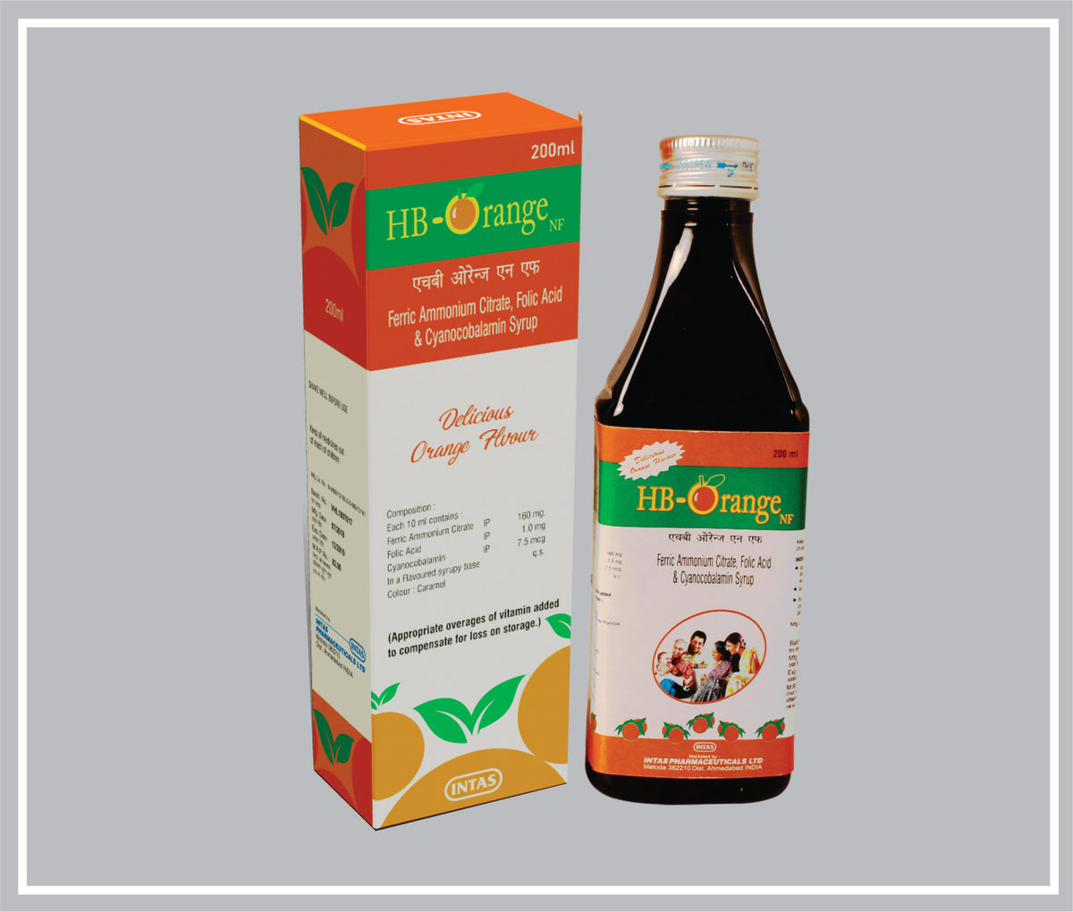 Hb Orange Nf 200 Ml (Ferric Ammonium Citrate 160Mg (Eq To Elemental Iron 32Mg) + Folic Acid 1Mg + Cyanocobalamine 12 7.5Mcg + Sorbitol Qs /15Ml ) By Intas