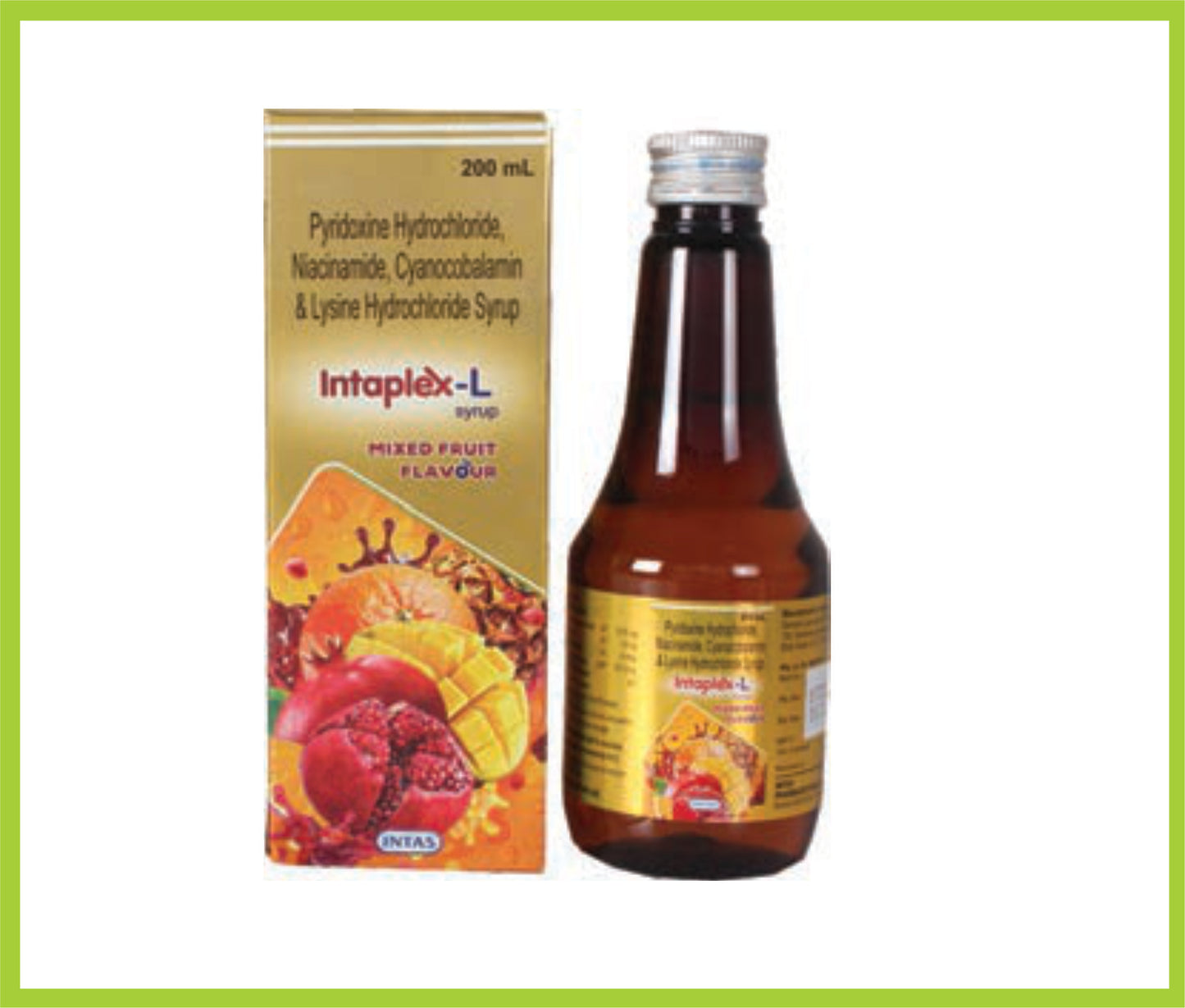 INTAPLEX-L SYP 200 ML (Pyridoxine Hydrochloride 0.75 mg + Niacinamide 15 mg + Cyanocobalamin 15 mg + Lysine 37.5 mg) by Intas